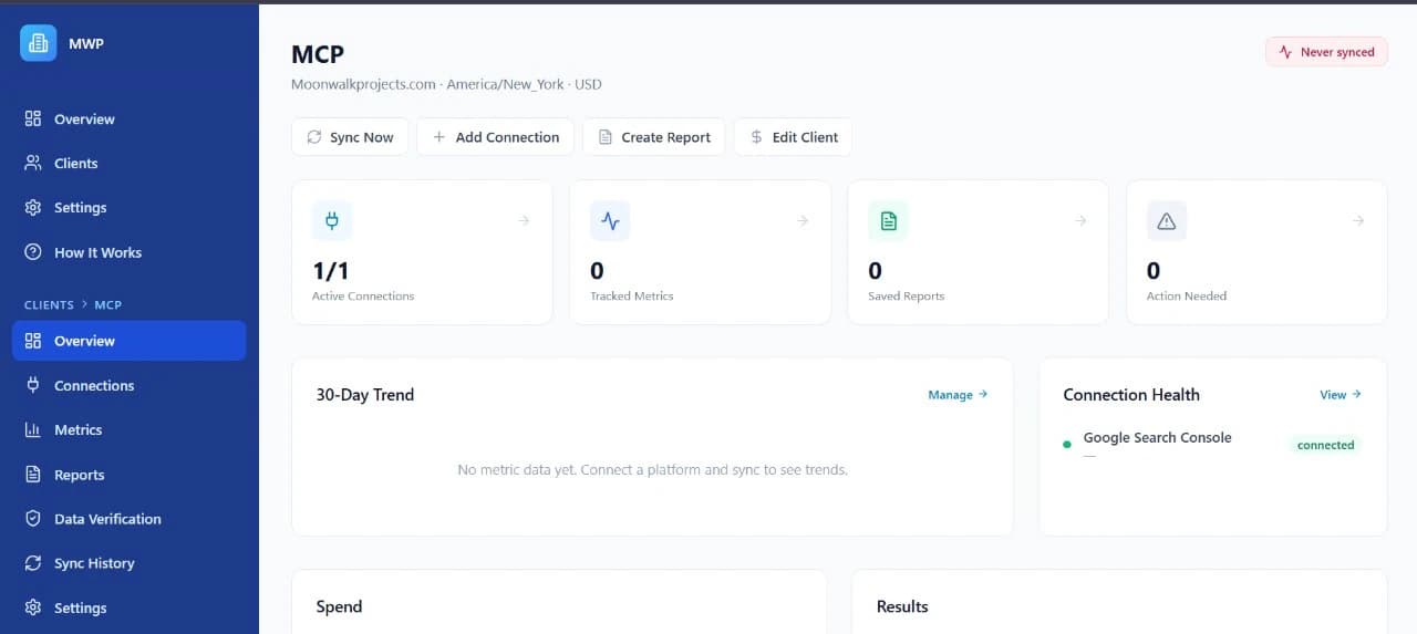 Client overview showing a client's active connections, tracked metrics, saved reports, and connection health.
