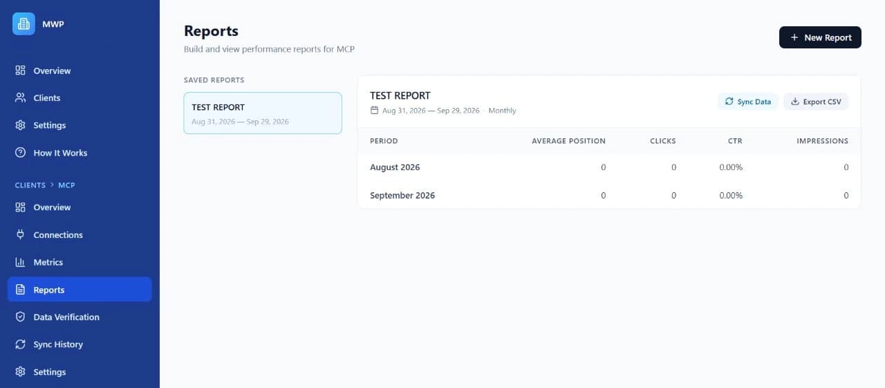 Reports screen with a saved report, monthly metrics, date range, and CSV export control.
